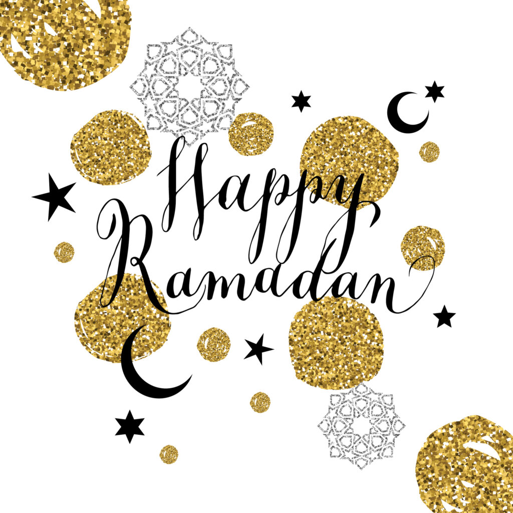 Happy Ramadan with gold and silver decor in the background.